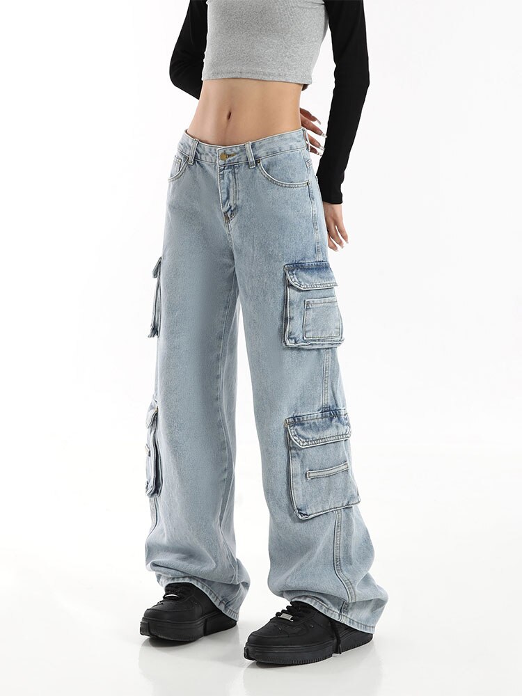 Vintage Cargo Pants Baggy Jeans Women Fashion 90s Streetwear Pockets Wide Leg High Waist Straight Y2k Denim Trousers Overalls